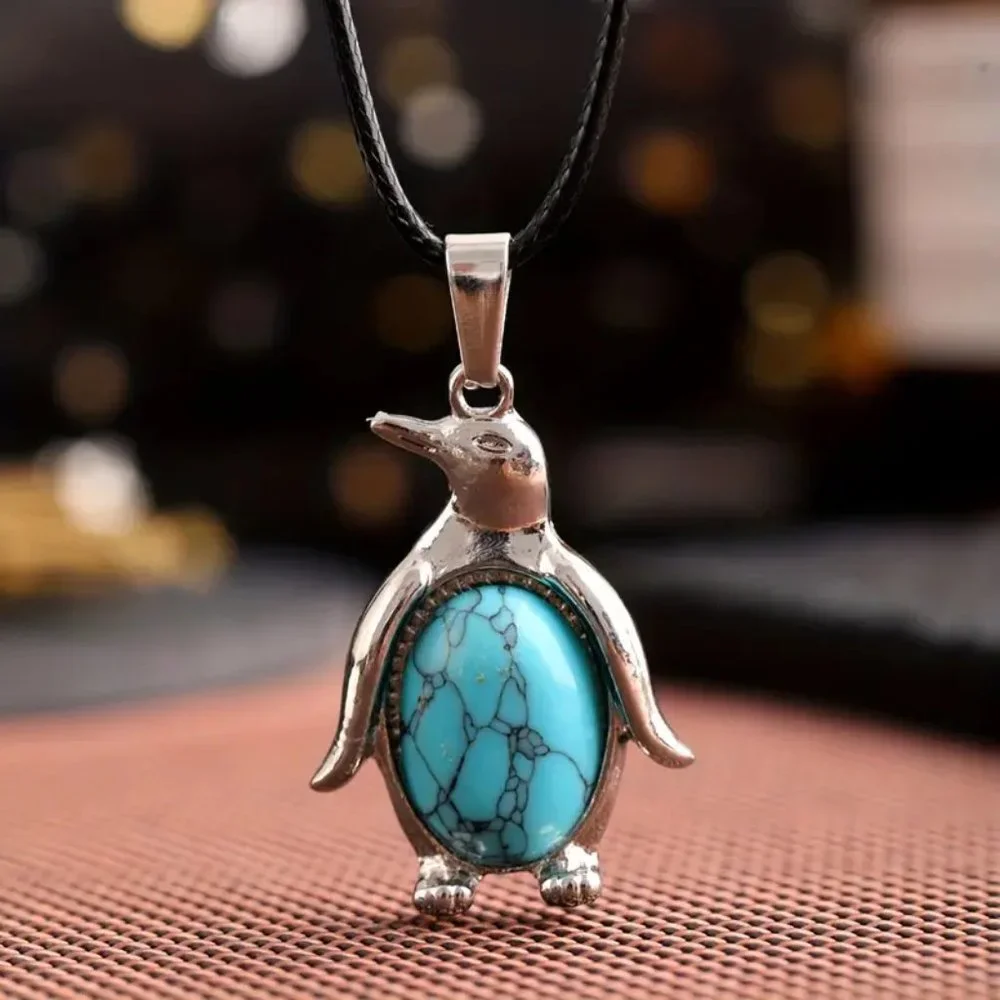 Penguin Shaped Blue Howlite Stone Pendant Necklace - Picture 2 of 2